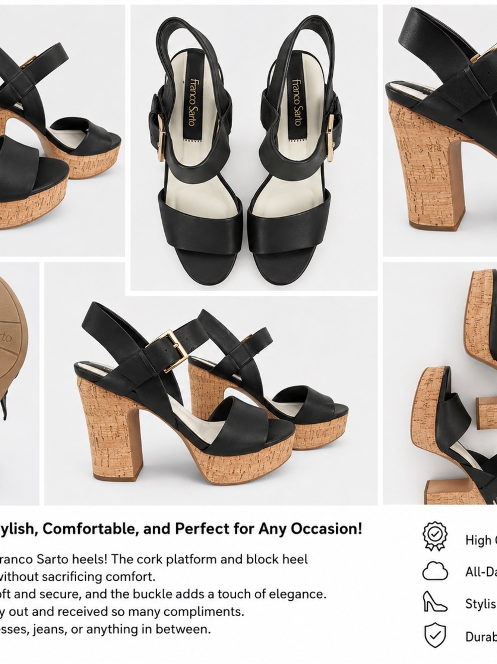 Franco Sarto Black Leather Cork-Platform Sandals
